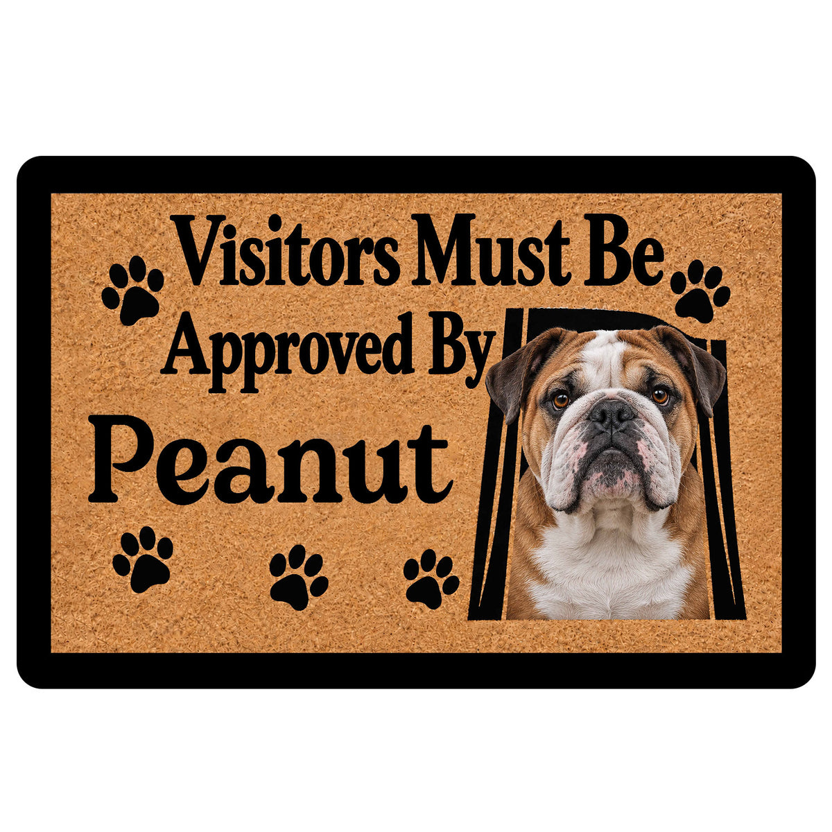 English Bulldog doormat with paw prints, warm brown background, black border and welcoming entryway artwork