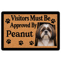 Shih Tzu doormat with paw prints, tan textured background, black border, and playful front-door message