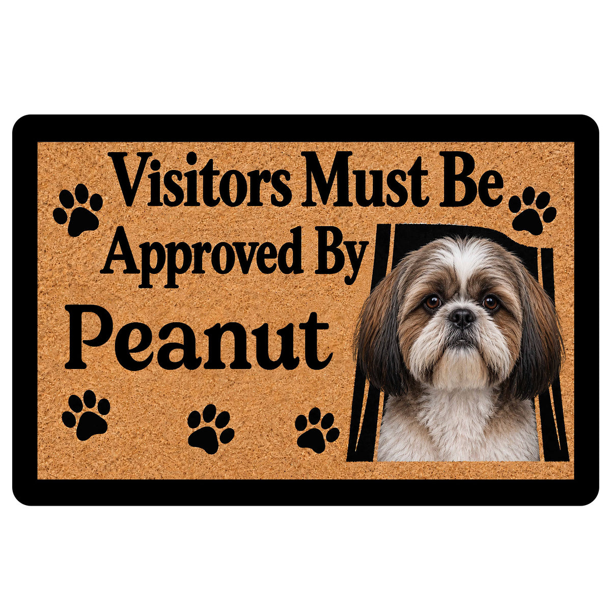 Shih Tzu doormat with paw prints, tan textured background, black border, and playful front-door message