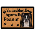 Boston Terrier doormat with paw prints, tan textured background, black border, and welcoming entryway message