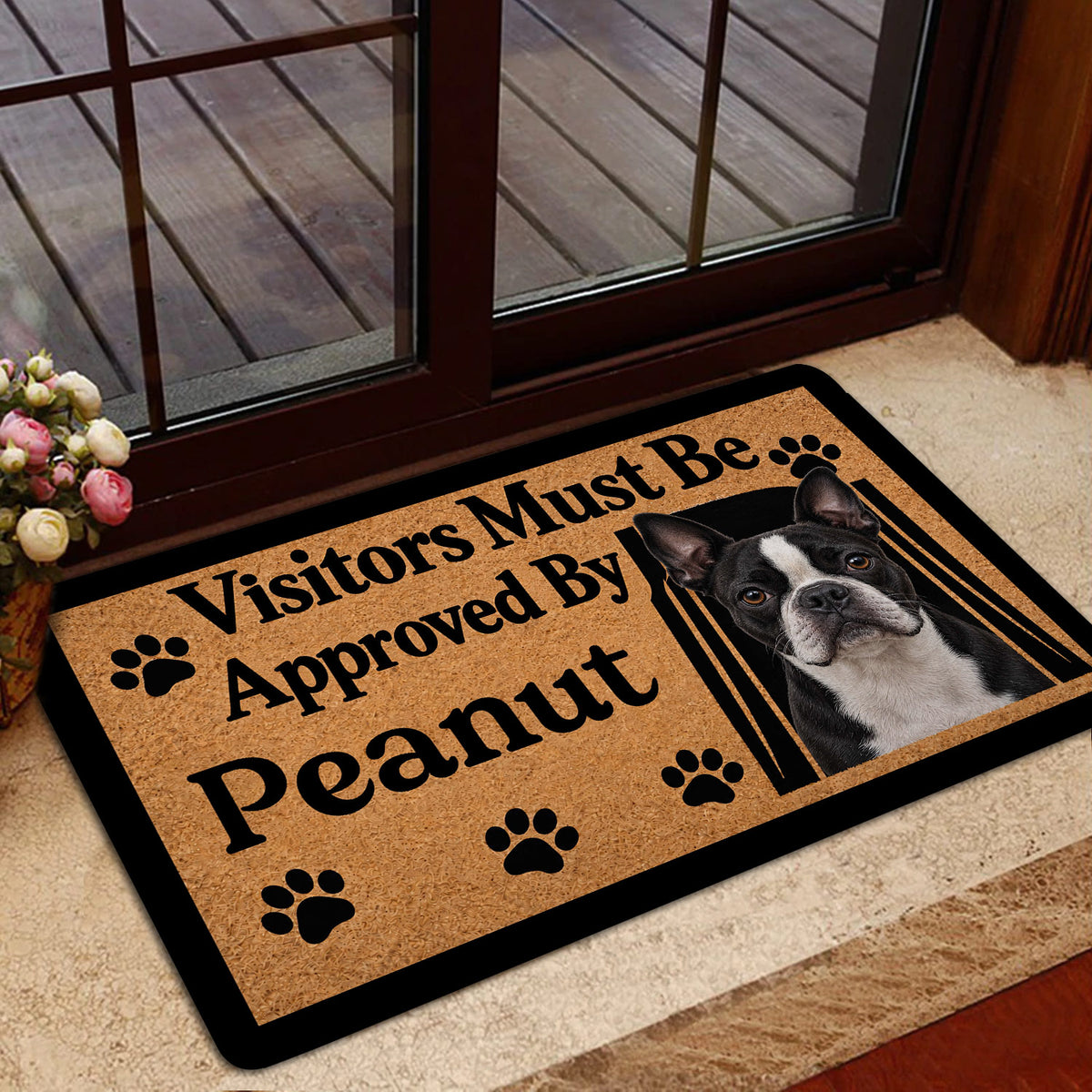 Boston Terrier door mat styled inside a glass doorway with paw prints and a welcoming dog message