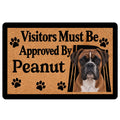 Boxer dog doormat with paw prints, warm tan artwork, and a welcoming visitor message