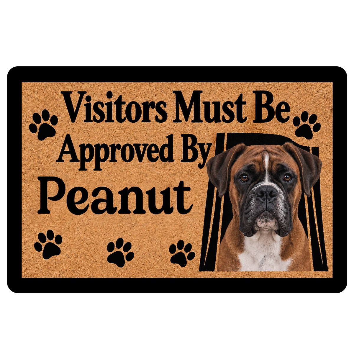 Boxer dog doormat with paw prints, warm tan artwork, and a welcoming visitor message