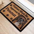 Boxer portrait entryway mat with paw prints and bold black lettering by a door