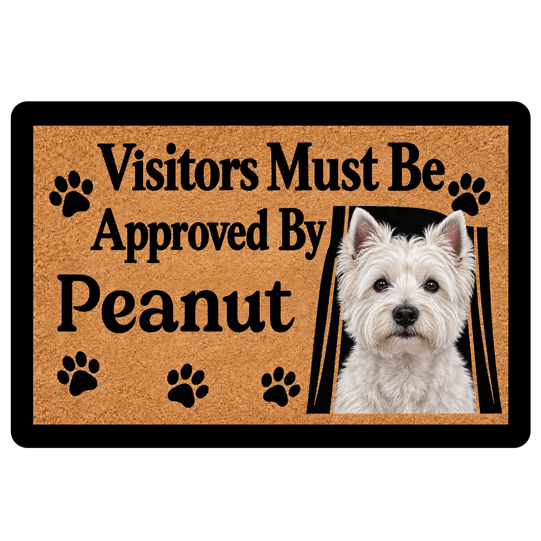 Westie doormat with a white terrier portrait, paw prints, bold black lettering and a warm tan background