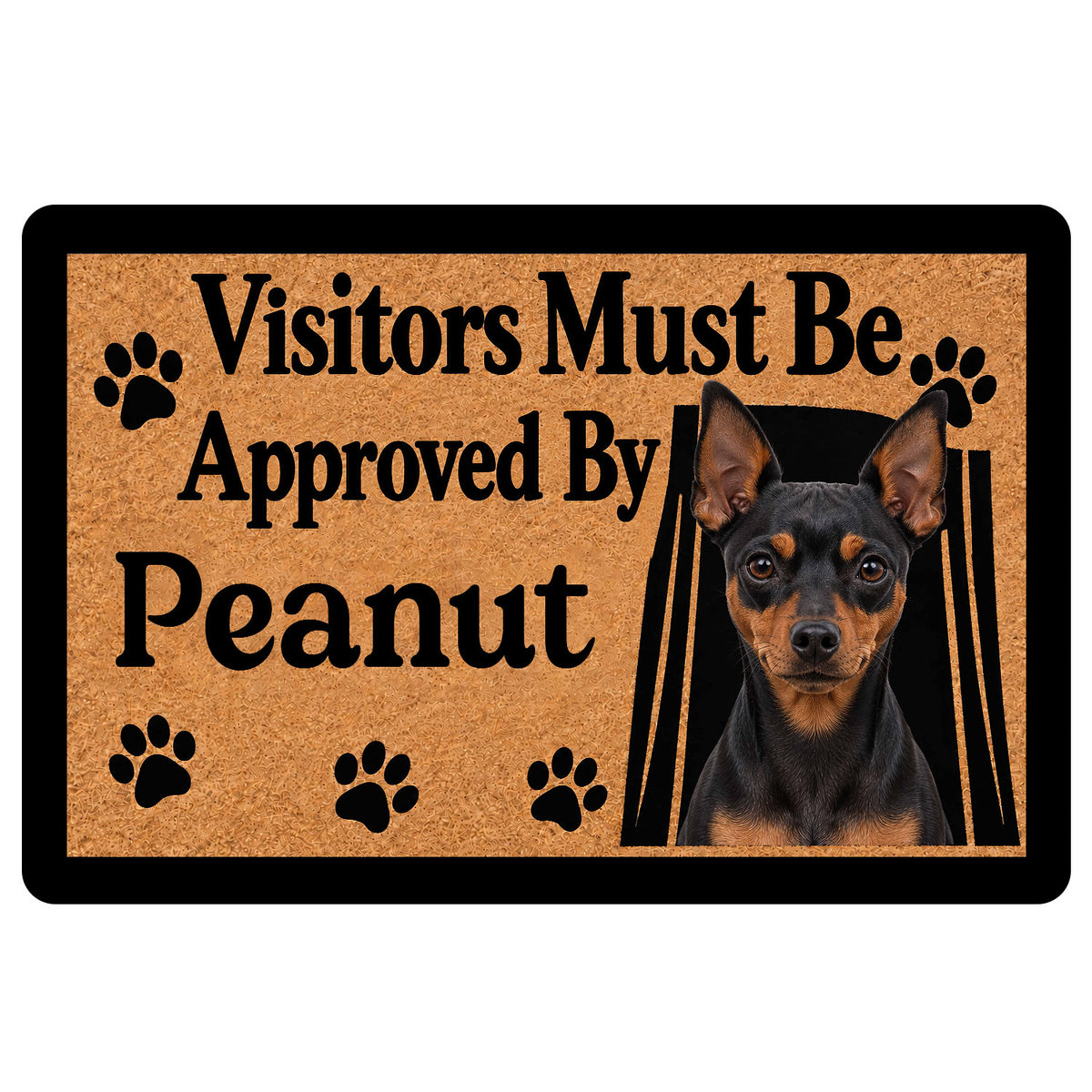 Miniature Pinscher doormat with black and tan dog portrait, paw prints and a welcoming entryway design