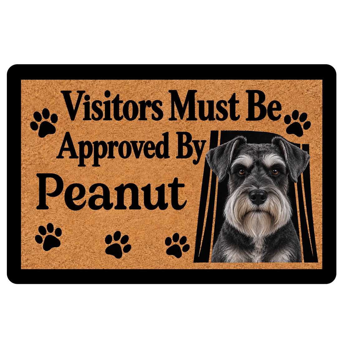 Miniature Schnauzer doormat with a realistic dog portrait, paw prints, and bold black lettering on a tan background