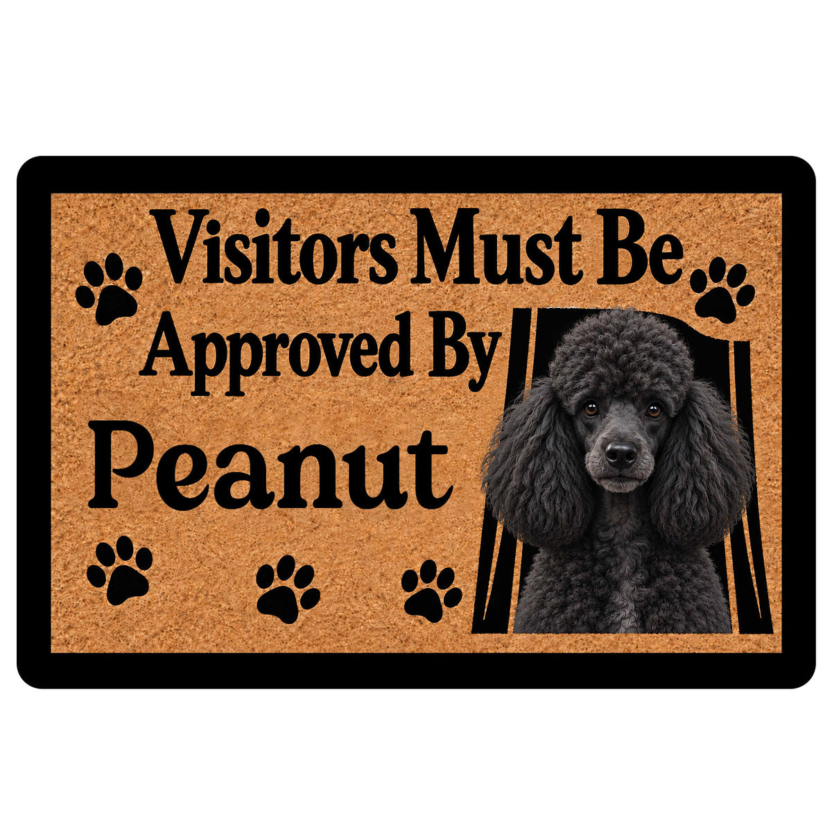 Poodle doormat with black curly dog portrait, paw prints, and bold welcome message on a tan background