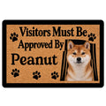 Shiba Inu doormat with a tan textured background, black border, paw prints, and playful visitor message