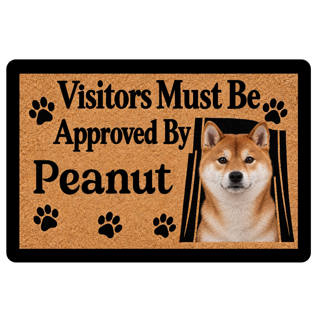 Shiba Inu doormat with a tan textured background, black border, paw prints, and playful visitor message