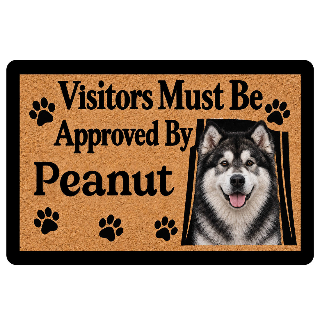 Alaskan Malamute doormat with a black-and-white dog portrait, paw prints, and a playful welcome message