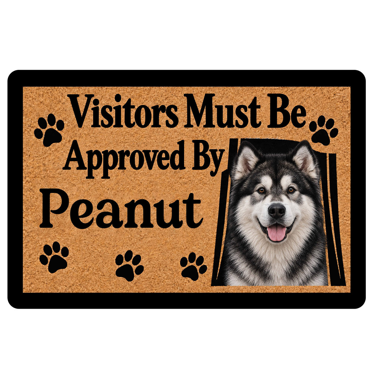 Alaskan Malamute doormat with a black-and-white dog portrait, paw prints, and a playful welcome message