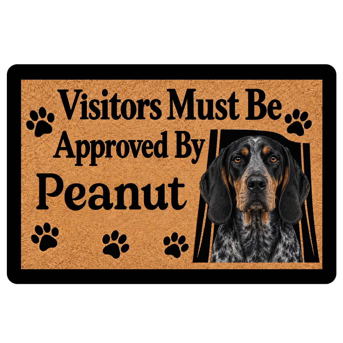 Bluetick Coonhound doormat with a realistic hound portrait, paw prints, and warm brown entryway artwork
