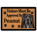 Great Dane doormat with black-and-merle dog portrait, paw prints and bold welcome artwork