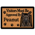 Dutch Shepherd doormat with a realistic dog portrait, paw prints, and playful visitor approval message