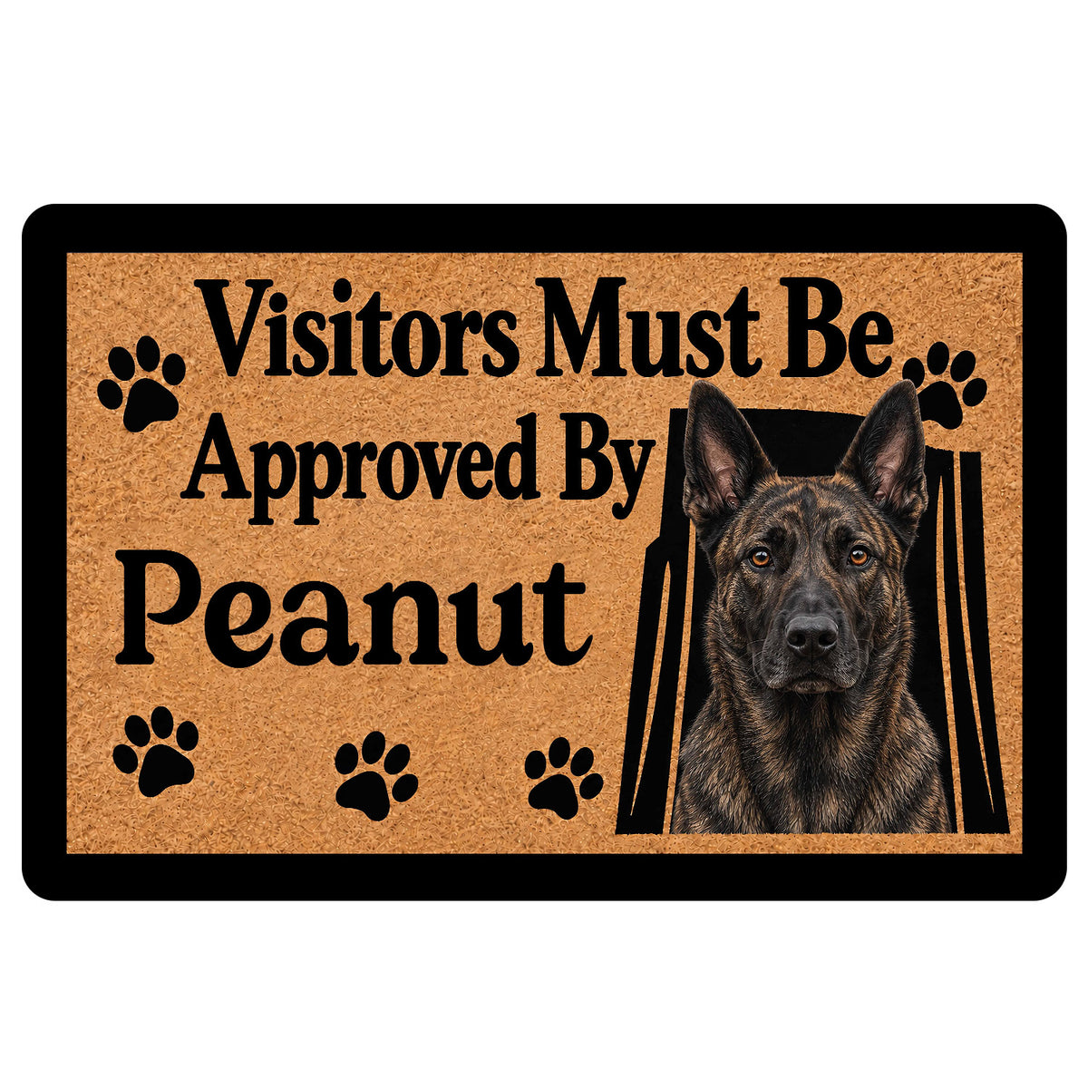 Dutch Shepherd doormat with a realistic dog portrait, paw prints, and playful visitor approval message
