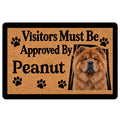 Chow Chow doormat with a fluffy dog portrait, paw prints, black border, and playful visitor-themed lettering