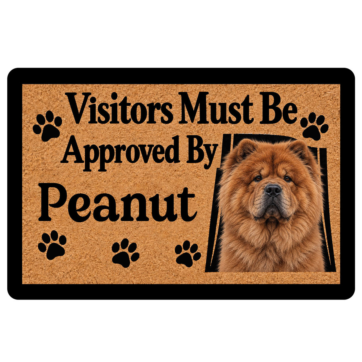 Chow Chow doormat with a fluffy dog portrait, paw prints, black border, and playful visitor-themed lettering