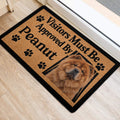 Chow Chow door mat positioned at an indoor entrance with a fluffy dog portrait, paw prints, and bold lettering