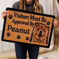 Person holding a Chow Chow doormat featuring a fluffy dog portrait, paw prints, black border, and bold welcome message