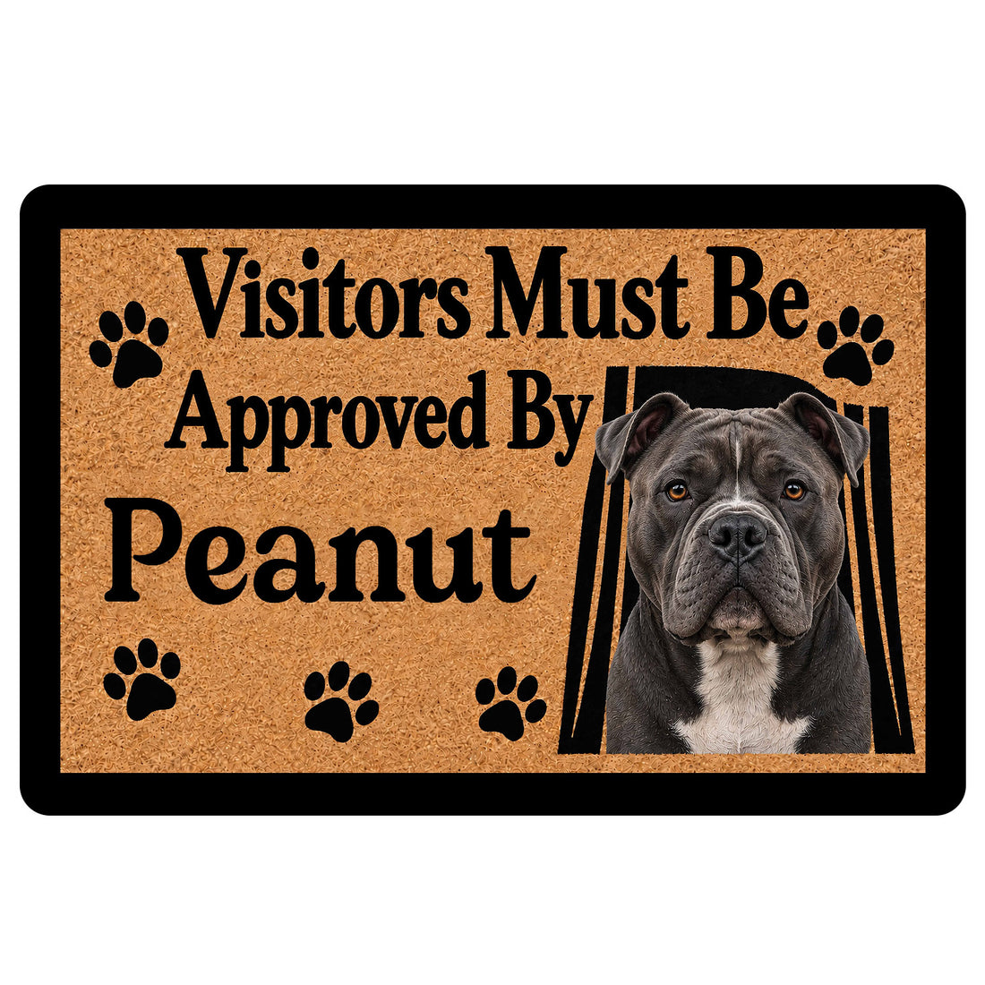 American Bully doormat with a realistic bully dog portrait, paw prints, and bold welcome artwork