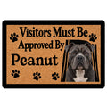 American Bully doormat with a realistic bully dog portrait, paw prints, and bold welcome artwork
