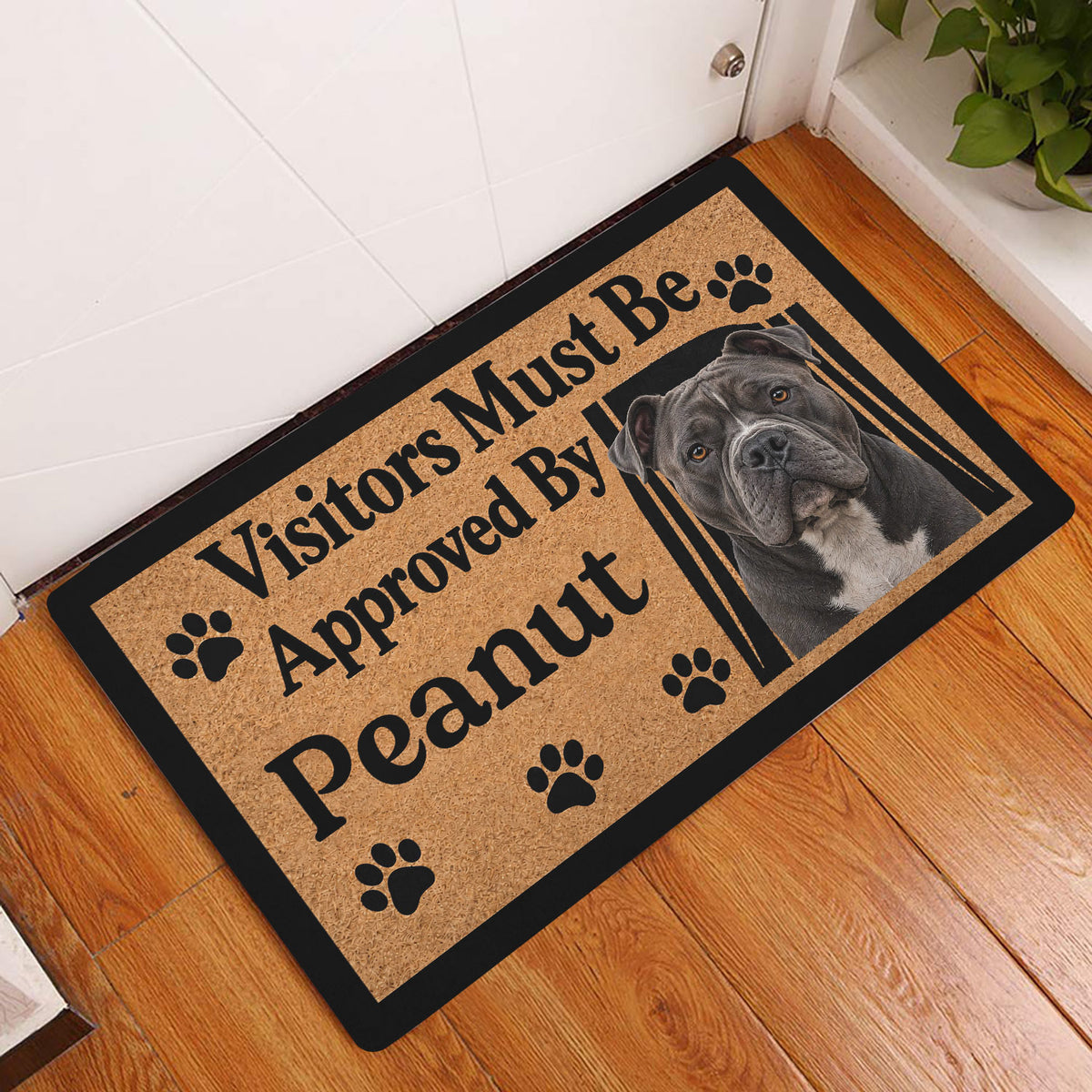 American Bully entryway rug displayed on a wood floor beside a white door