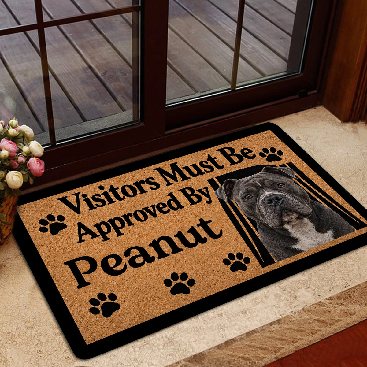American Bully doormat displayed near a glass door in a warm home entryway