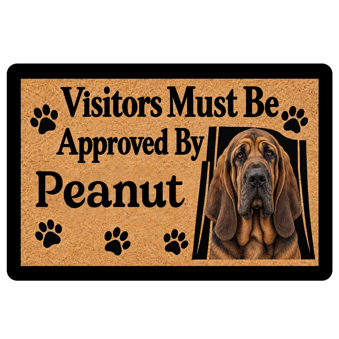 Bloodhound doormat with a realistic dog portrait, paw prints, and bold black entryway lettering
