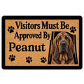 Bloodhound doormat with a realistic dog portrait, paw prints, and bold black entryway lettering