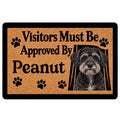 Schnoodle dog portrait doormat with paw prints and welcoming entryway message