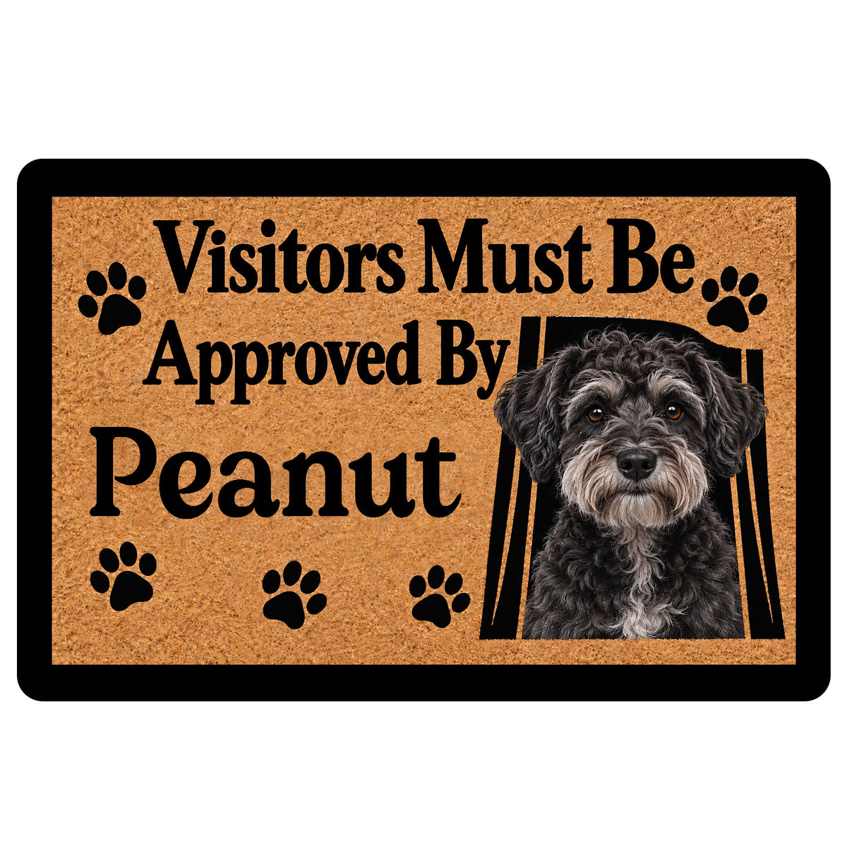 Schnoodle dog portrait doormat with paw prints and welcoming entryway message