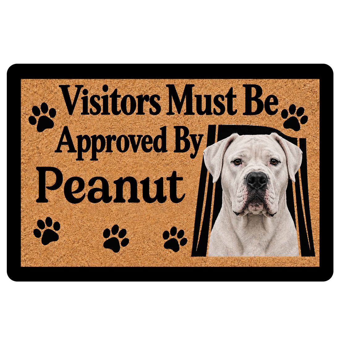 Dogo Argentino doormat with a white dog portrait, paw prints, and a bold welcoming entryway message