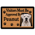 Dogo Argentino doormat with a white dog portrait, paw prints, and a bold welcoming entryway message
