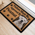 White Dogo Argentino portrait doormat displayed at an entryway with paw-print artwork