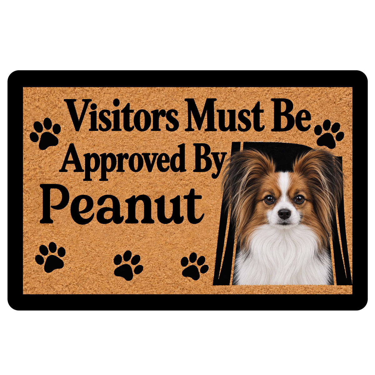 Papillon dog doormat with paw prints, tan textured background, black border, and welcoming entryway message