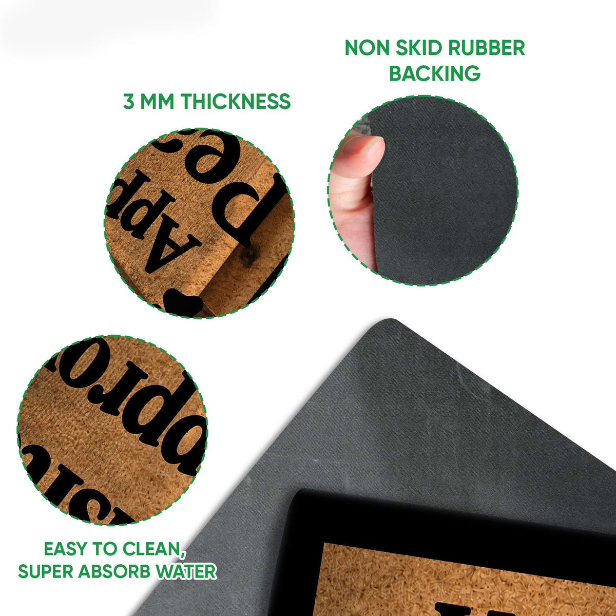 Papillon dog doormat feature view showing the textured printed surface and dark rubber backing