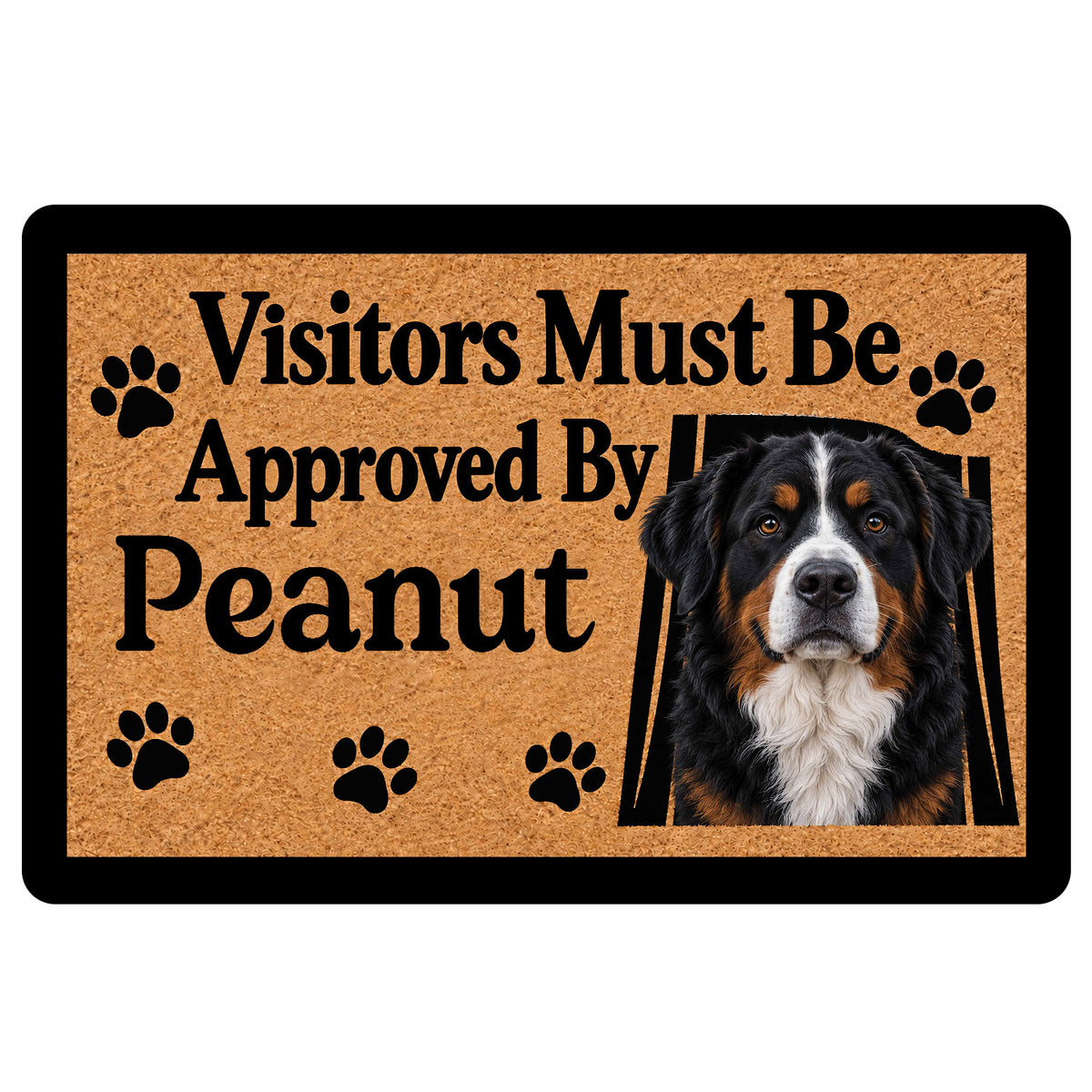 Bernese Mountain Dog doormat with paw prints, black border and playful visitor approval artwork