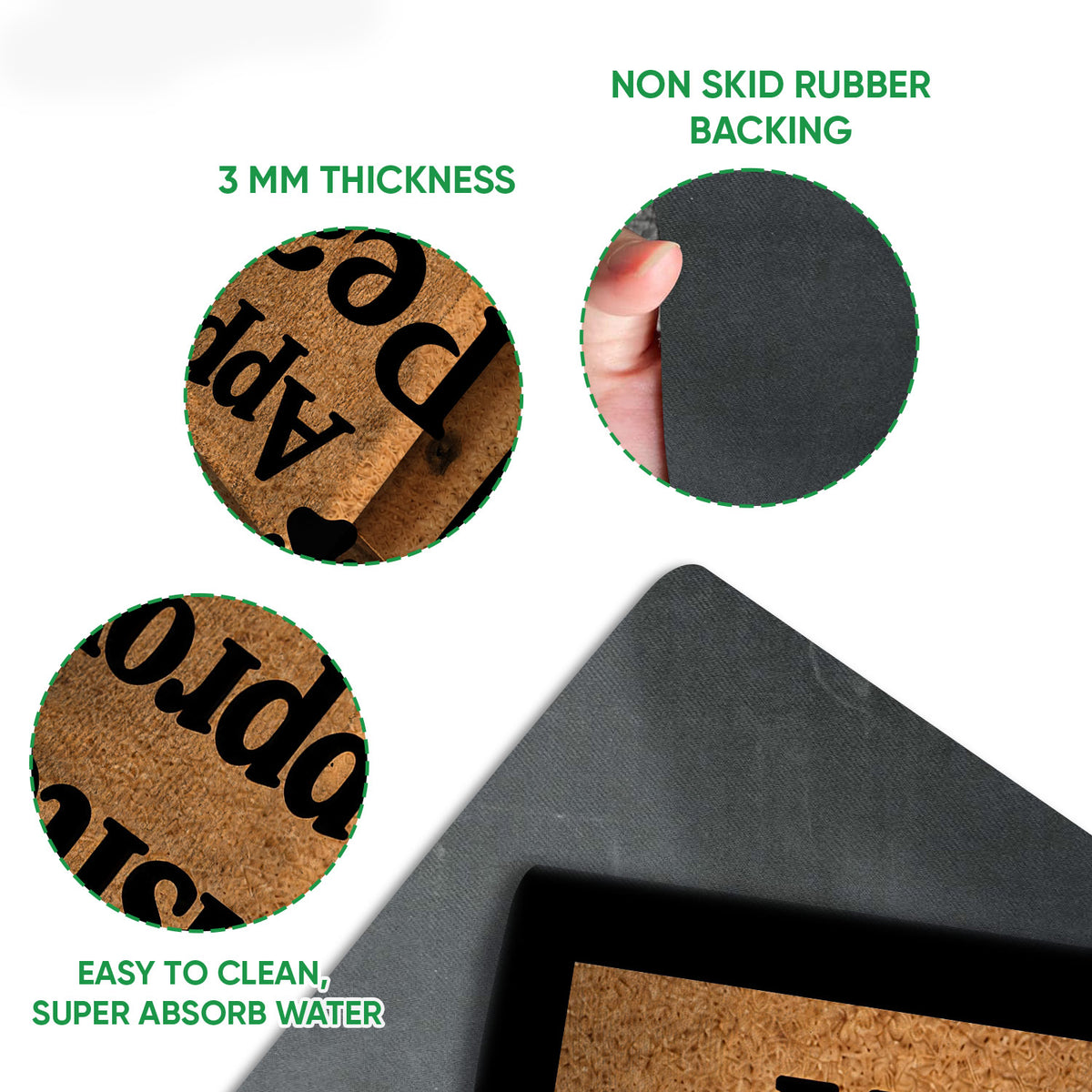 Bernese Mountain Dog doormat feature view showing the printed top, rounded black edge and rubber backing