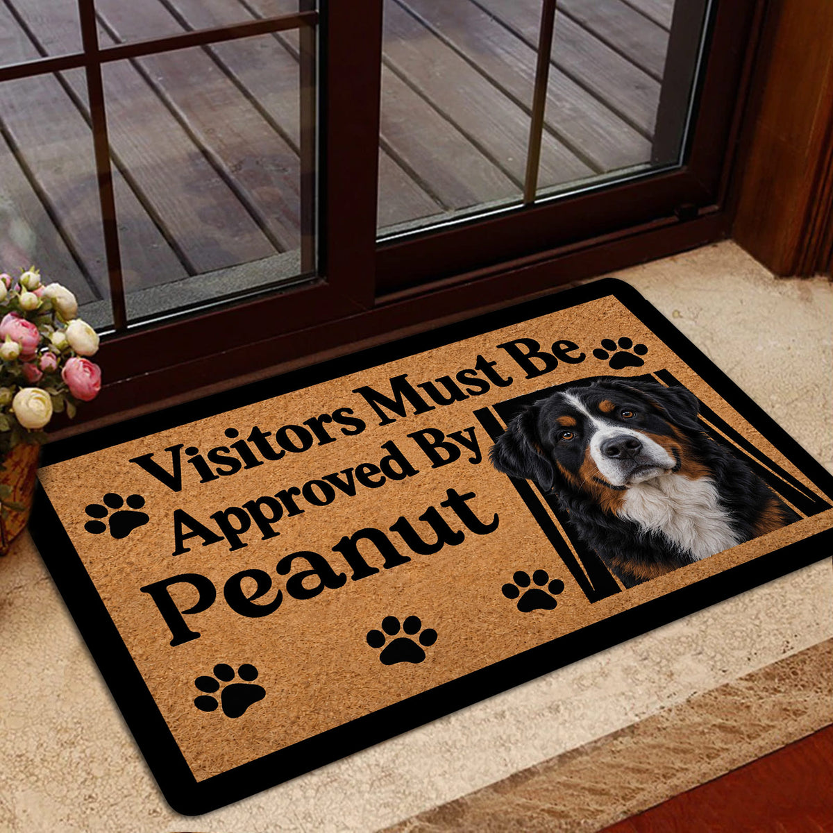 Bernese Mountain Dog doormat styled inside a home near a glass door and neutral entryway decor