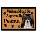 Rat Terrier doormat with a black, tan, and white dog portrait, paw prints, and a playful visitor message