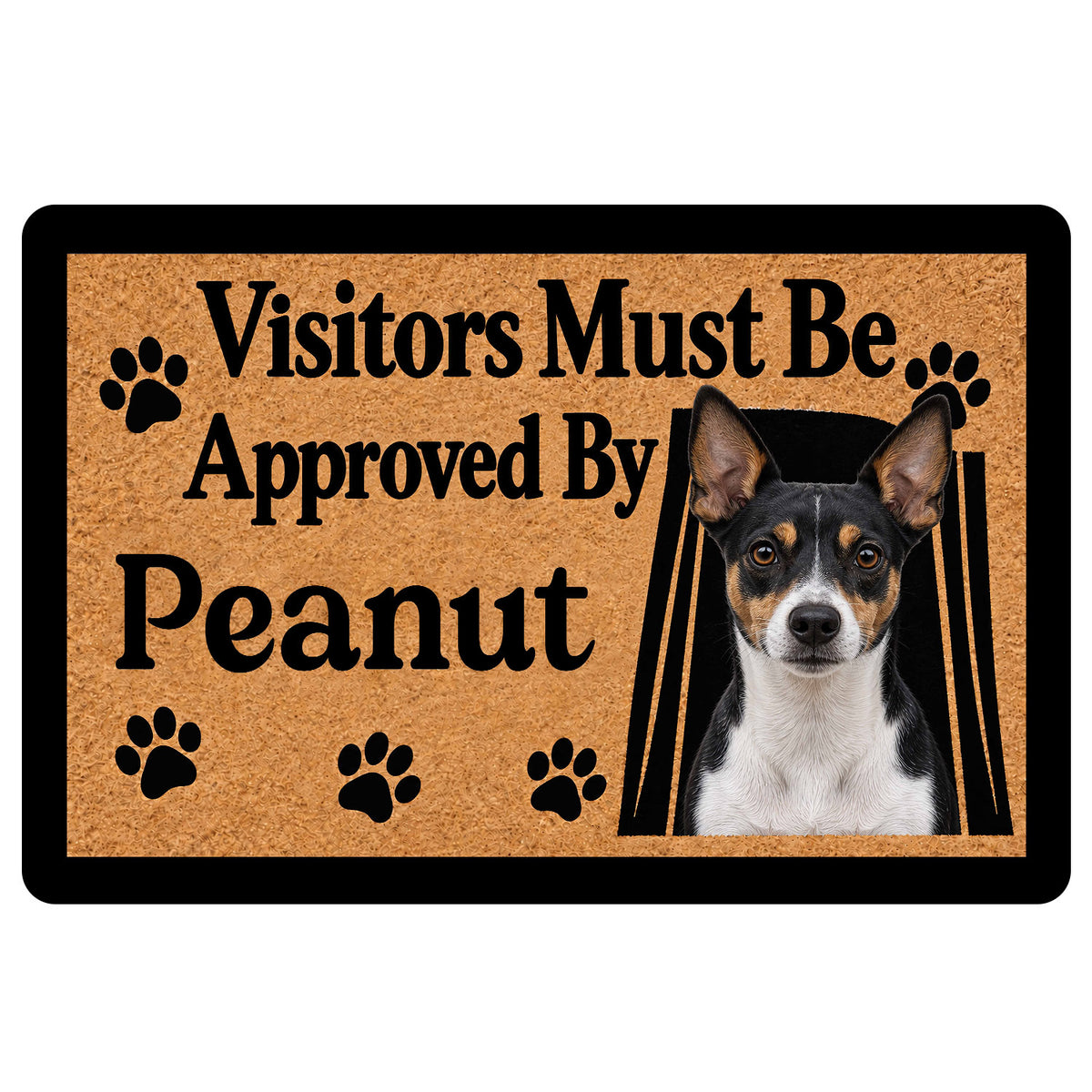 Rat Terrier doormat with a black, tan, and white dog portrait, paw prints, and a playful visitor message