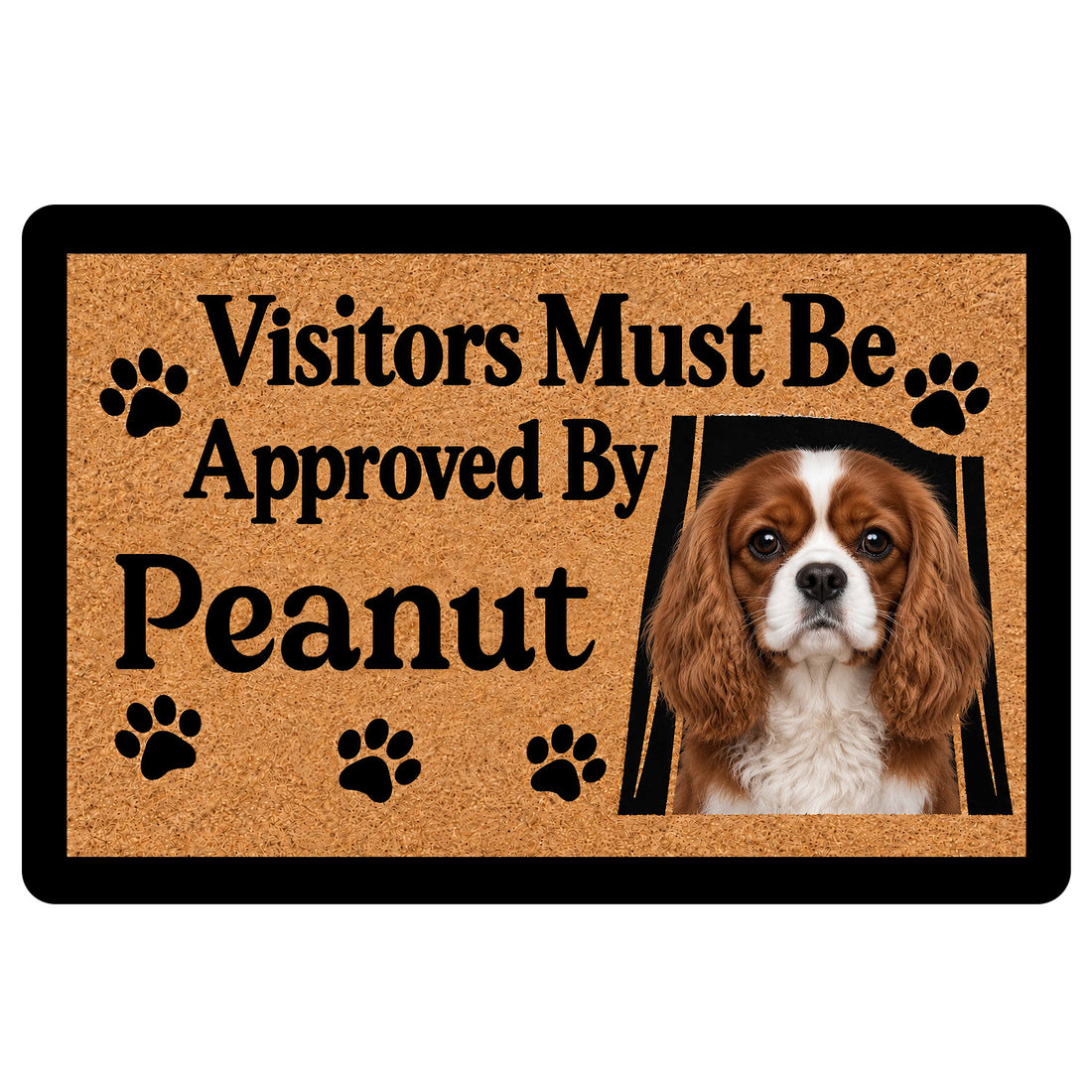 Cavalier King Charles Spaniel doormat with paw prints and a humorous visitor-approved entryway message