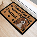 Cavalier King Charles entryway mat with framed dog portrait, paw prints and bold black lettering
