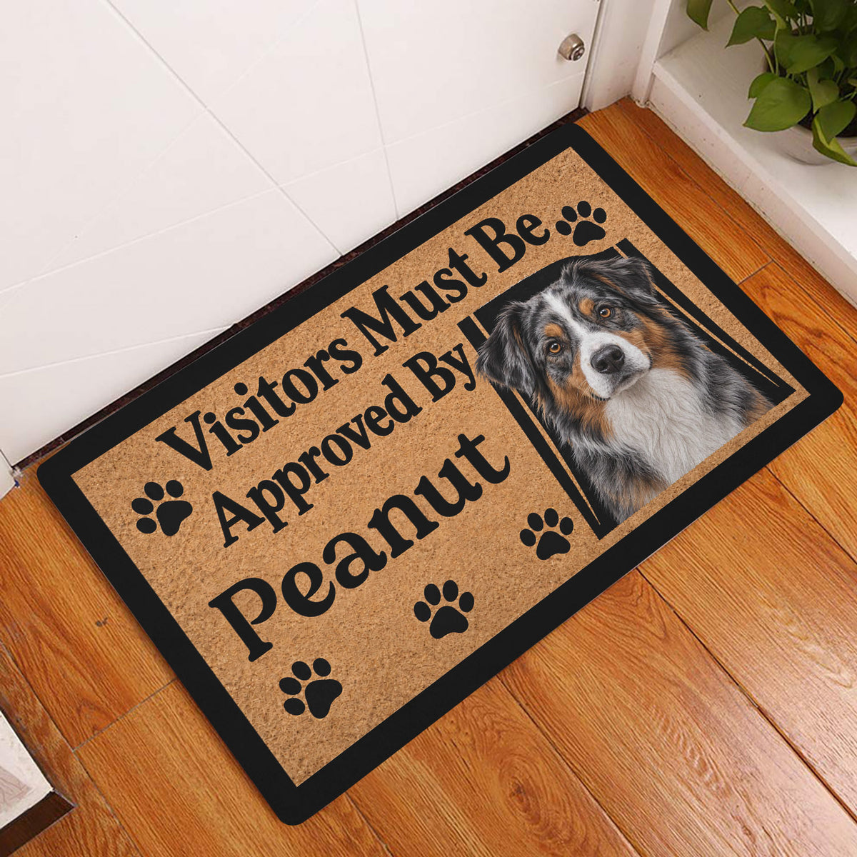Australian Shepherd doormat displayed by a white door on a wood floor in an indoor entryway
