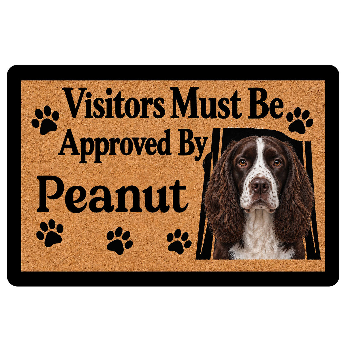 English Springer Spaniel doormat with brown and black artwork, paw prints, and welcoming entryway message