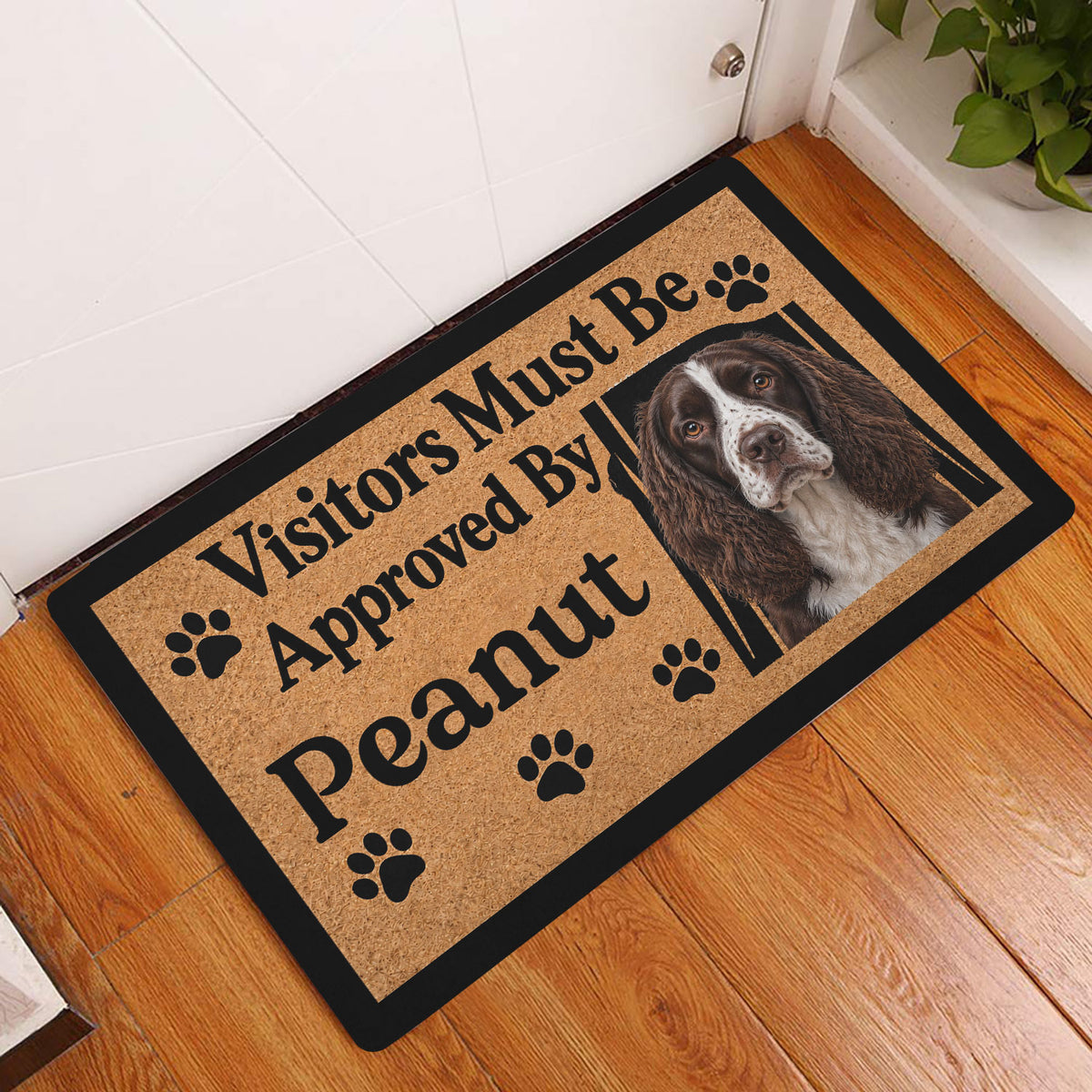 English Springer Spaniel doormat styled by a front door on a warm wood floor
