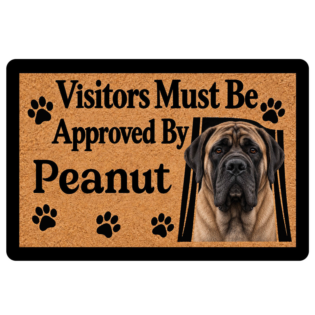 English Mastiff doormat with a realistic mastiff portrait, paw prints and bold black lettering on a tan design
