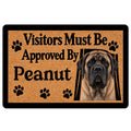 English Mastiff doormat with a realistic mastiff portrait, paw prints and bold black lettering on a tan design