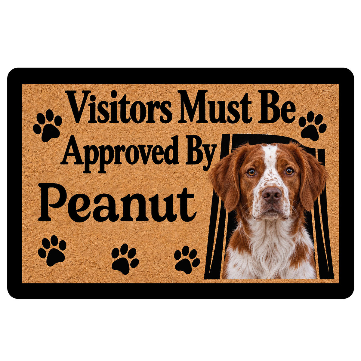 Brittany Spaniel doormat with paw prints, tan textured artwork, black border, and playful visitor message